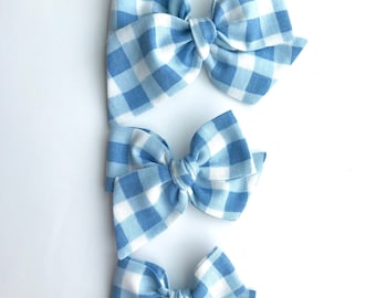 Blue gingham hand tied bow •large, medium, or small• headband or hair clip