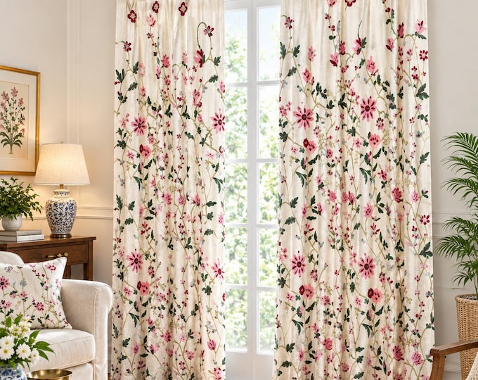 Hand Embroidered Kashmir Crewel Curtains, Cotton Linen Floral Drapes, Custom Size, Kashmiri Home Decor