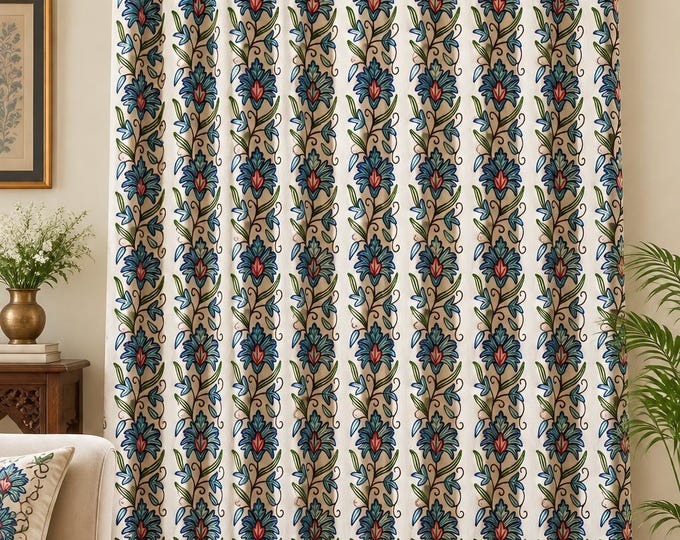 Kashmir Crewel Curtain, Hand Embroidered Cotton Linen Drapes, Floral Window Curtain, Custom Made