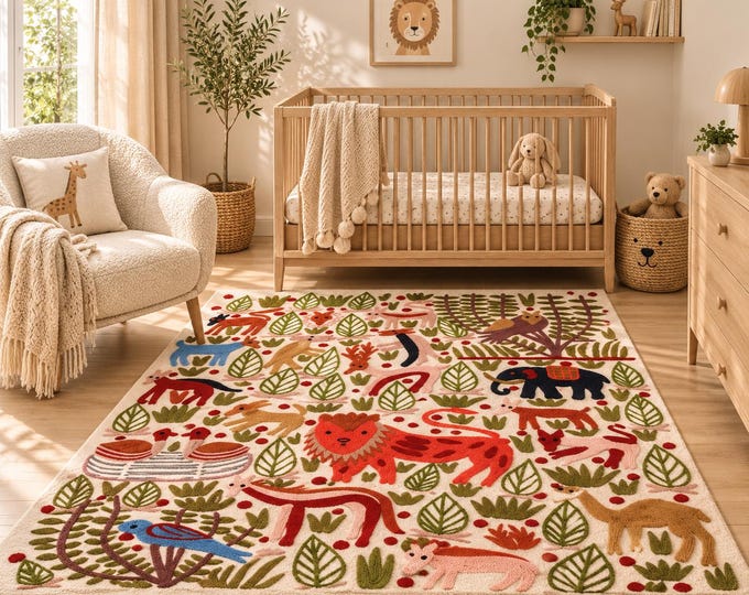 Hand Embroidered Wool Animal Rug, Jungle Nursery Rug, Safari Area Rug, Kashmir Chain Stitch Rug, Kids Room Decor, Handmade Wool Carpet
