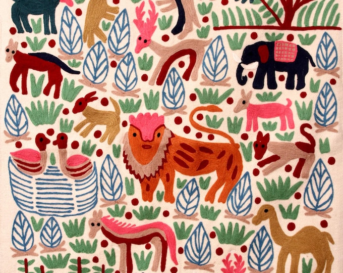 Whimsical Animal-Themed Rug for Floor or Wall: Hand Embroidered, with free shipping