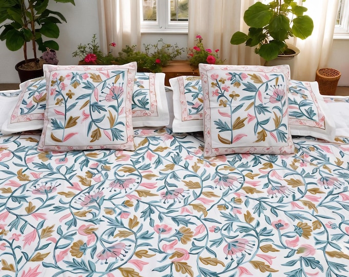 Floral Embroidered Cotton Duvet Cover Set: Kashmiri Hand-Crafted Bedding