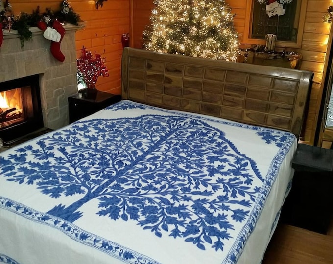 Free Shipping/ Tree Of Life One tone/ Bed Sheet / Duvet Cover/ Hand Embroidered from India/Cotton/ Linen