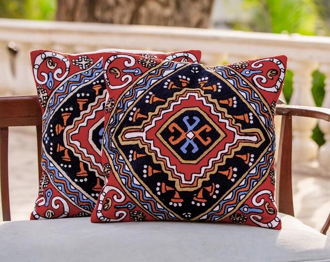Handmade chainstitched Cotton-wool Cushion Covers/ pair with free shipping