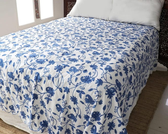 Free Shipping/ Chain-Stitched Cotton Floral-Motif Duvet/ Bed Cover/ Bedroom Décor/ "Valley of Blue Blossoms"