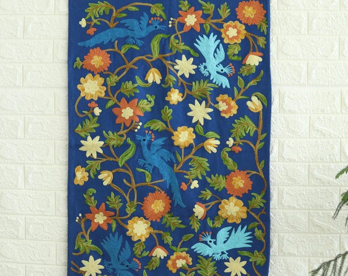 Free Shipping/ Wool Tapestry with Peacock Motif Hand-embroidered/ Hand made/ Cotton backing/ "Happy Peacocks"