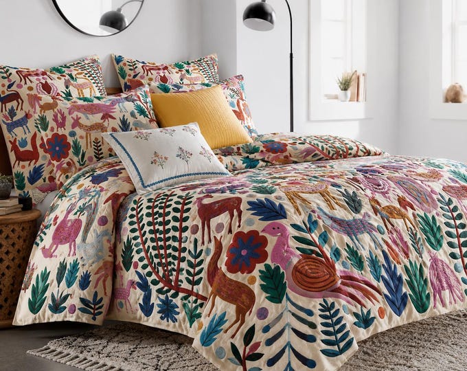 Hand Embroidered Otomi Style Duvet Cover Set | Folk Art Wildlife Bedding, Boho Decor