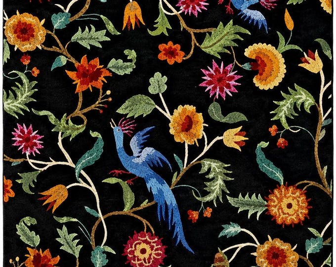 Hand Embroidered Peacock Rug, Floral Wool Area Rug, Handmade Botanical Carpet, Folk Art Living Room Rug, Custom Size Accent Rug, Cottagecore