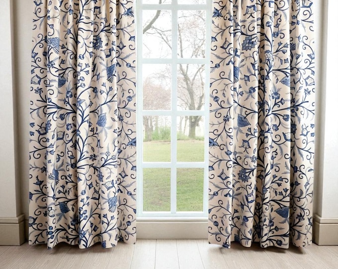 Hand-Embroidered Cotton Linen Curtains: Crewel work