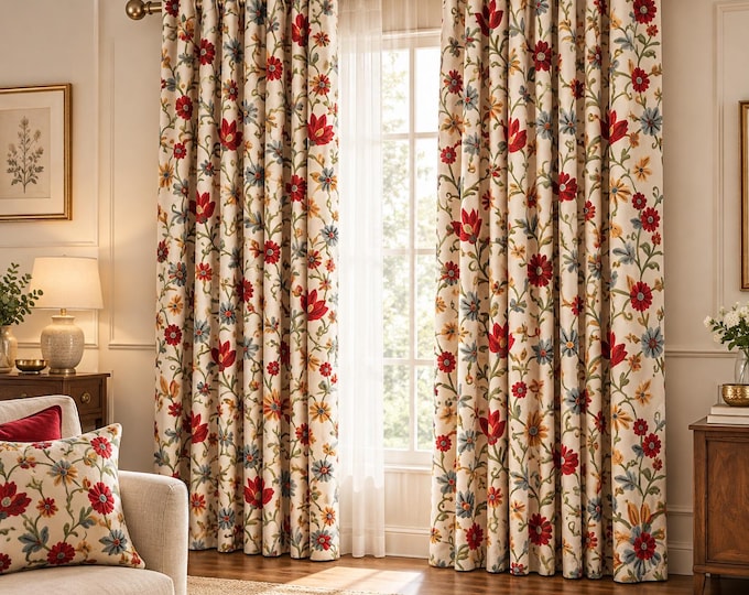Hand Embroidered Floral Crewel Curtains, Cotton Linen Drapes, Kashmir Handmade Window Curtains
