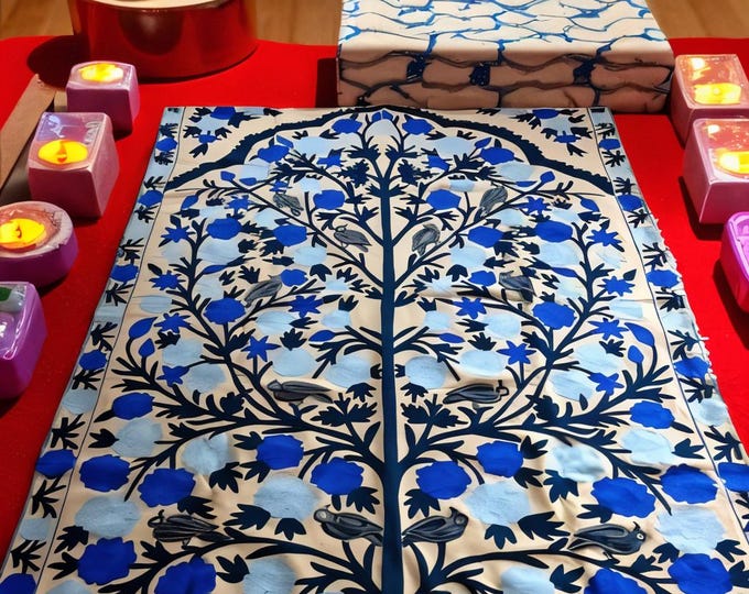 Bird & Floral Wool Tapestry Rug: Hand Embroidered Chain Stitch