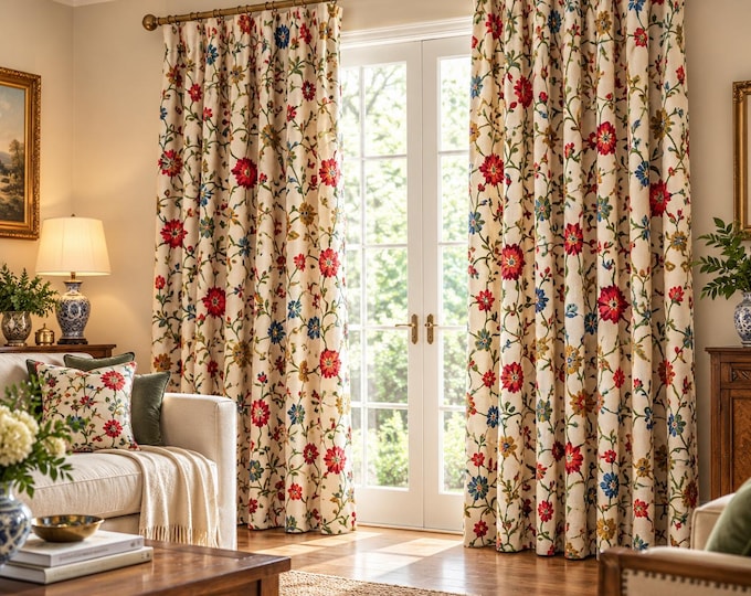 Hand Embroidered Floral Crewel Curtains, Cotton Linen Window Drapes, Kashmir Handmade