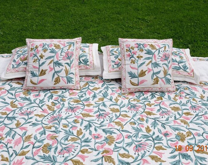 Free Shipping/ Floral Design Design Kashmiri Hand Crafted Embroidered Duvet Cover/Bed Sheet/ Linen and Cotton
