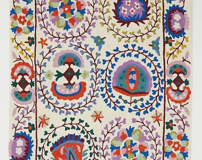 Free Shipping/ Gadala Chain stitch Hand Made Hand Embroidered Floor/ Wall Wool Rug/ Cotton backing