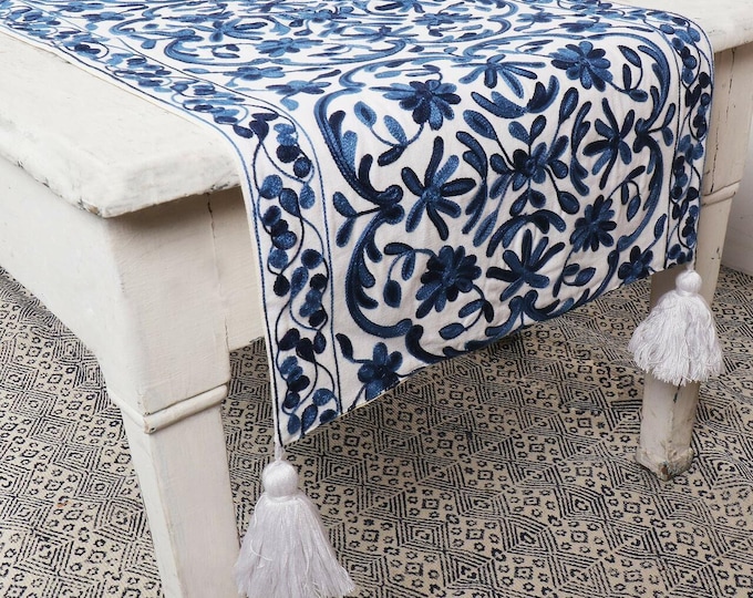Free Shipping/ Hand Made / Hand Embroidered/ "Blue Garden" chain stitch table runner