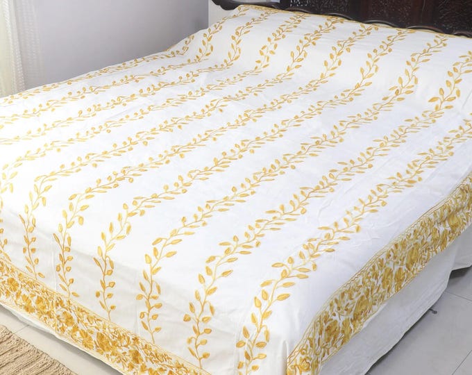 Free Shipping/ Chain-stitched Cotton- Linen/Duvet Cover/ Bed Sheet/ Hand Embroidered from India/ "Kashmir Vines"