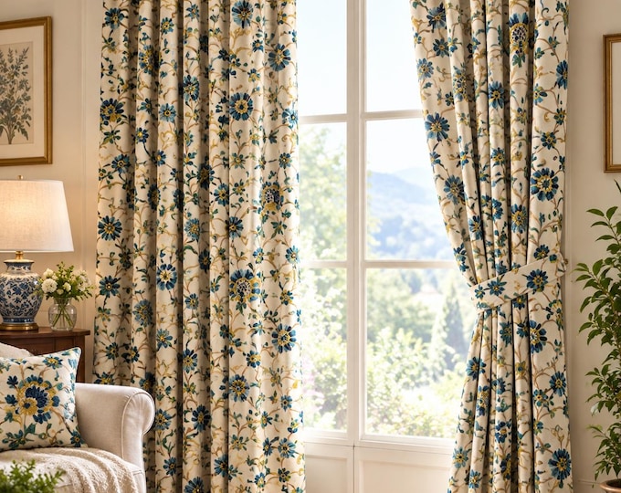 Hand Embroidered Kashmir Crewel Curtains, Cotton Linen Floral Drapes, Custom Size
