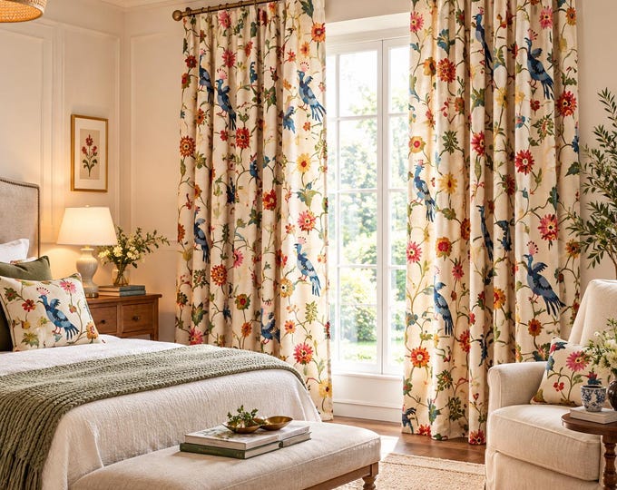 Hand Embroidered Bird Curtains, Blue Cockatoo Linen Drapes, Floral Crewelwork Curtains, Custom Size