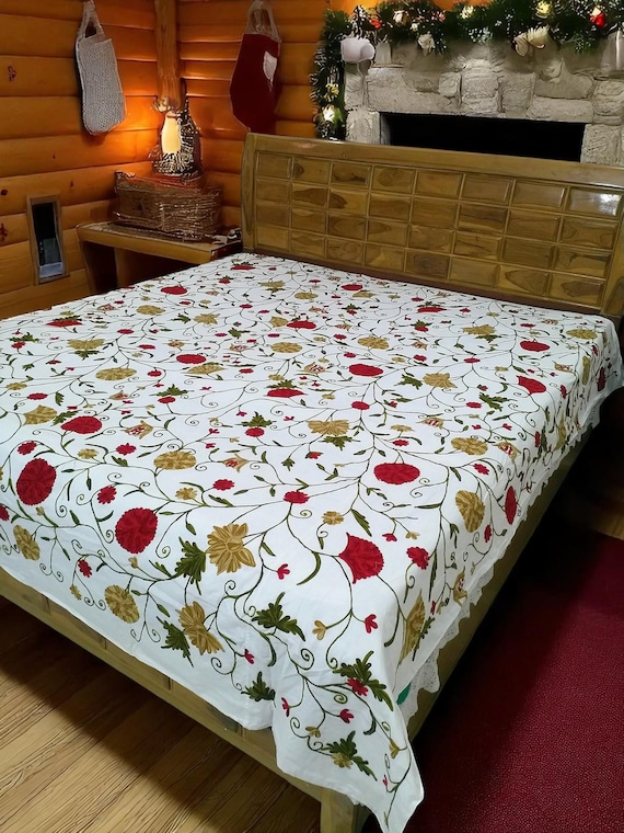 手刺繍の花柄コットンベッドシーツセット：インド製羽毛布団＆枕カバー 