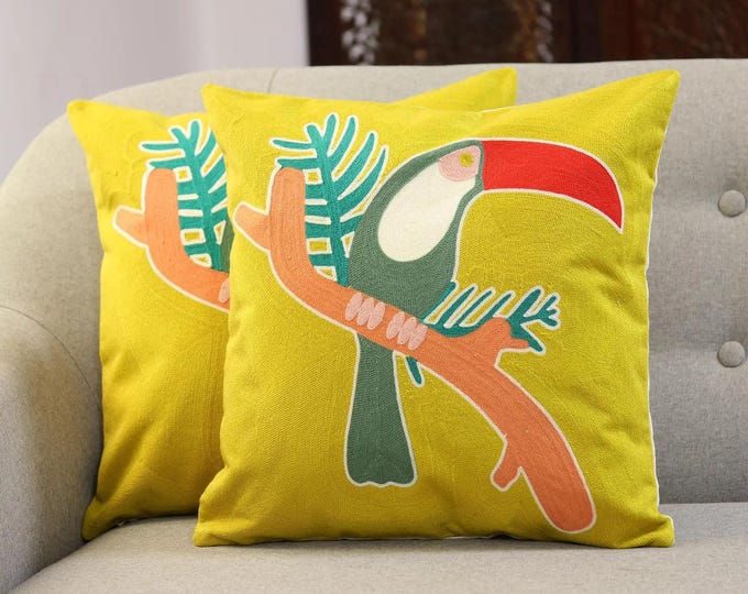 Free Shipping/ 2 pieces only/ Hand Embroidered Chainstitch Toucan-Themed Pillow/Cushion Covers/ One Pair