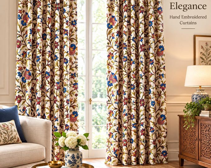 Hand Embroidered Kashmir Crewel Curtain, Cotton Linen Floral Drapery, Custom Size