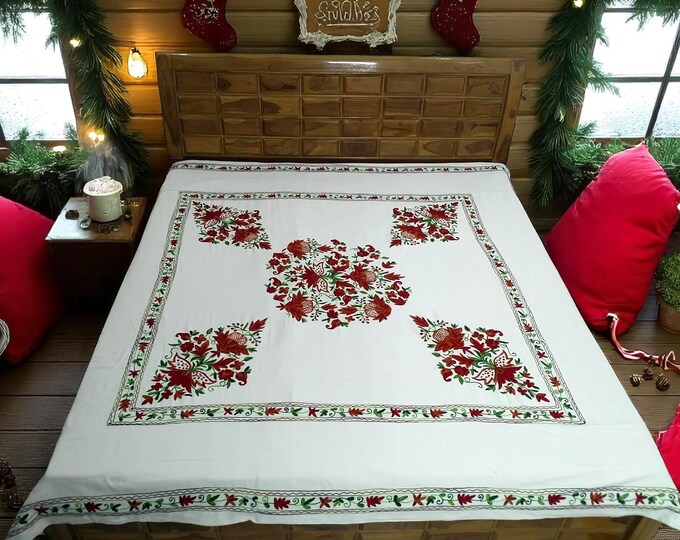 Free Shipping/ Floral Design II Kashmiri Aari Embroidered Duvet Cover/Bed Cover/ Bedroom Decor/ Pillow covers/ Cotton/ Linen