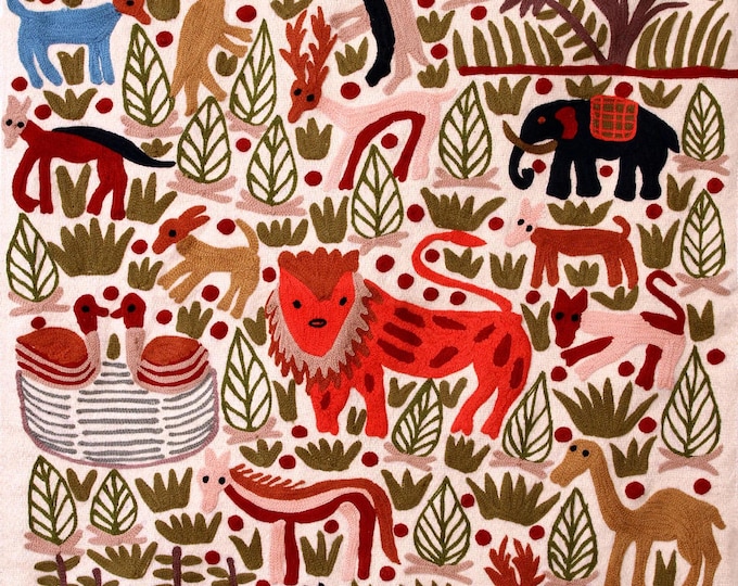Whimsical Animal-Themed Rug for Floor or Wall: Hand Embroidered, with free shipping