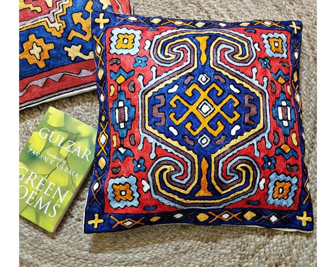 Free Shipping/ Indian Aari Embroidered Black Cotton Cushion Covers, "Geo pattern- 2 pieces (One Pair)"