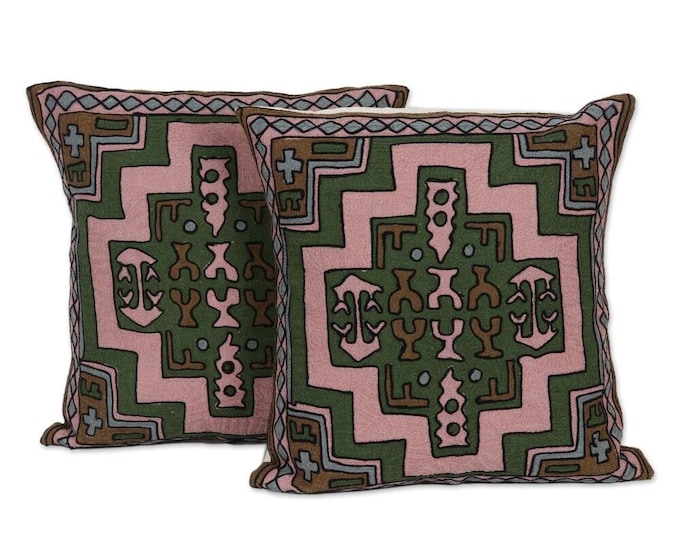 2 pieces only/ Indian Aari Embroidered Handwoven Cotton Cushion Covers "Spring Geometry "Pair