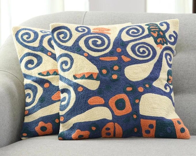 Free Shipping/ 2 pieces only/ Indian Aari Embroidered Handwoven Cotton Cushion Covers "Swirling Tree" One Pair