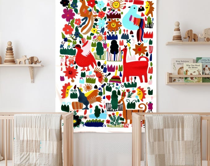Hand Embroidered Wool Rug: Animal Theme, Made in India