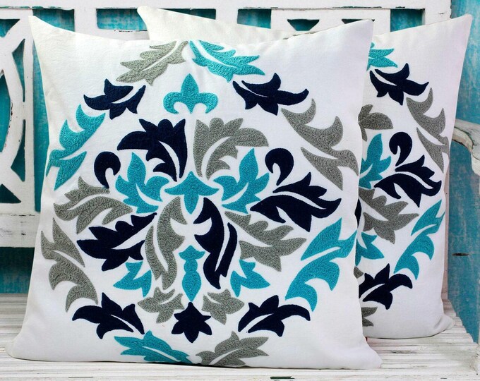 Free Shipping/ 2 pieces only/ Chain Stitch Embroidered Cotton/Wool Cushion Covers  "Fresh leaves"-One pair