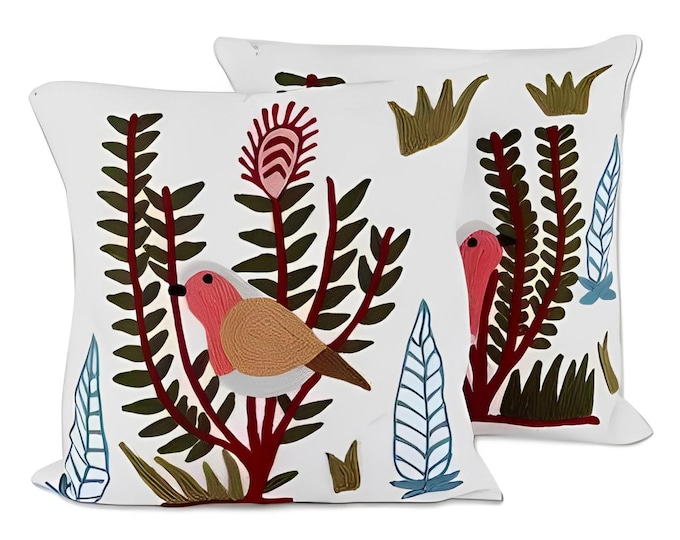 Free Shipping/ Floral Embroidered cushion cover/ Birds/ 2 pieces (One Pair)