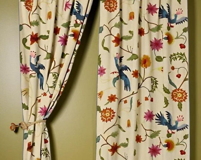 Free Shipping/ Hand-Embroidered Window-Door Curtains- Cotton- Linen/ Multi-color "Blue Cockatoos" Curtain