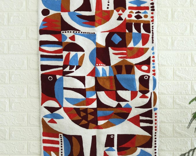 Free Shipping/ Tapestry with Abstract Birds Motif  Wool Chain Stitch/ Hand Embroidered/ Hand made/ Cotton backing/ "Magical Puzzle"