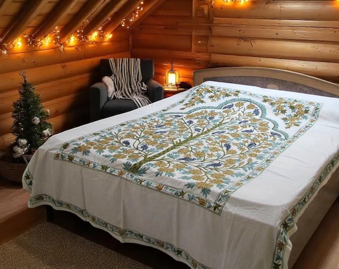 Free Shipping/ Tree Of Life / Bed Sheet / Duvet Cover/ Hand Embroidered from India/Cotton/ Linen