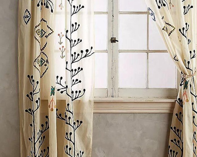 Free Shipping/ Hand-Embroidered Window-Door Curtains- Organdy/ Black tree/ Embroidered Curtain