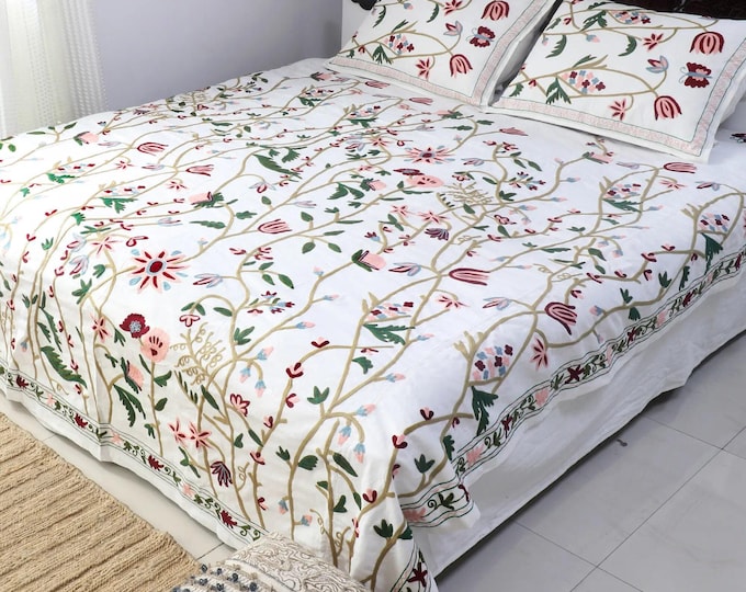 Free Shipping/ Chain-Stitched Cotton Floral-Motif Duvet/ Bed Cover/ Bedroom Décor/ "Garden multi-floral"
