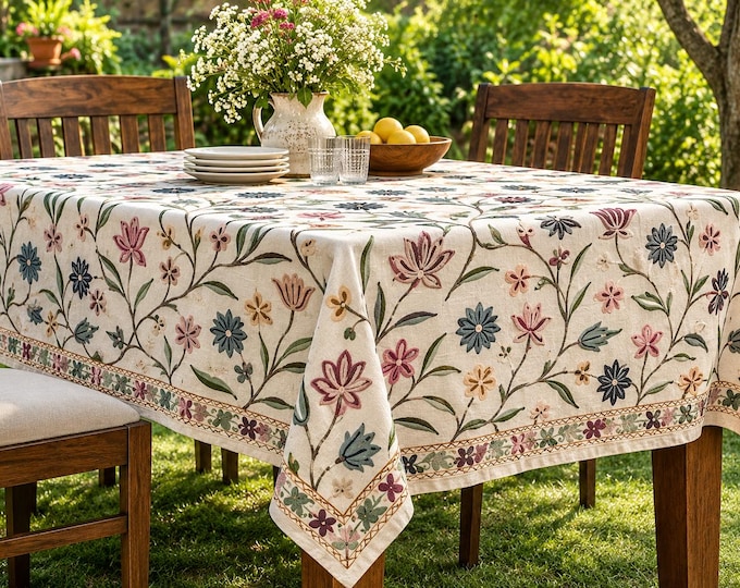 Hand Embroidered Floral Tablecloth, Cotton Linen Dining Table Cover, Custom Size