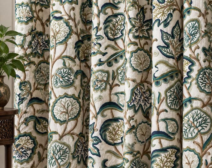 Hand Embroidered Linen Curtains, Kashmir Crewelwork Drapes, Floral Cotton Curtains, Custom Size