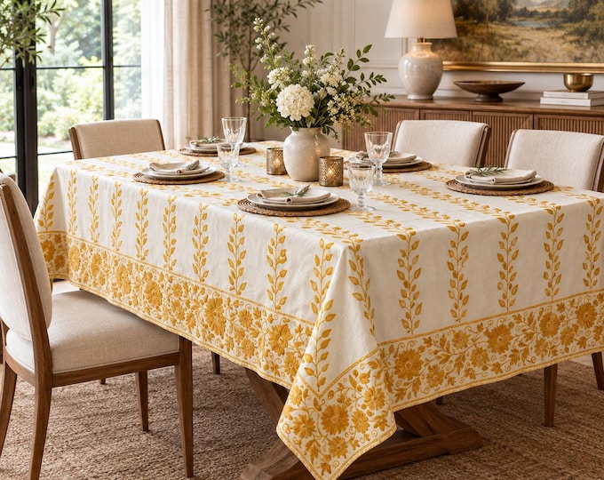 Hand Embroidered Tablecloth, Cotton Linen Table Cover, Kashmiri Floral Dining Linen