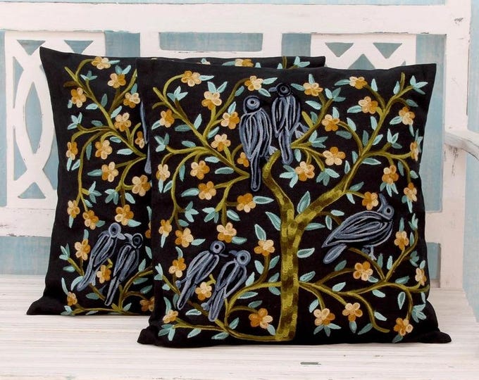 Free Shipping/ Indian Aari Embroidered Black Cotton Cushion Covers, "Birds in the Night "Pair- 2 pieces (One Pair)