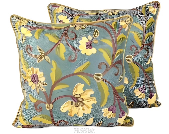 Embroidered Chainstitch 'Yellow Indian Peony' Floral Cushion Covers - Pair- with free shipping