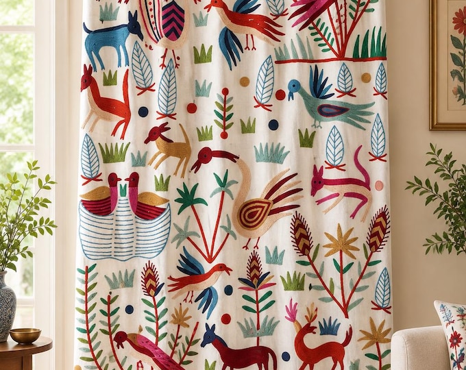 Hand Embroidered Jungle Curtain, Kashmir Crewel Cotton Linen Drapes, Floral Botanical Window Curtains, Custom Made