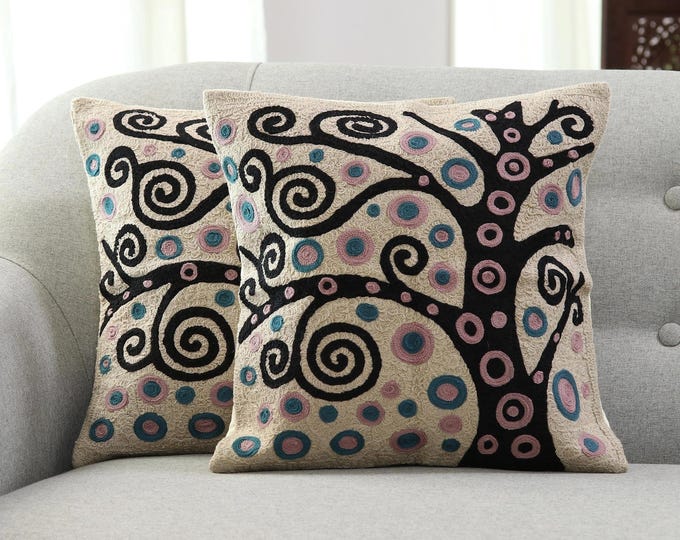 Handwoven 'Swirling Tree' Aari Embroidered Cushion Covers – Perfect Pair for a Cozy Touch-with free shipping