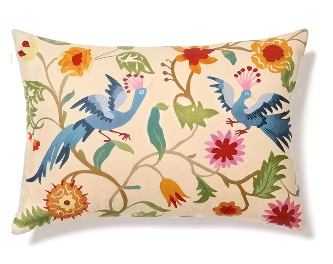Vibrant Crewel Embroidered Pillow Cover Set - Pair of Rectangle Cushions with Cockatoo Design