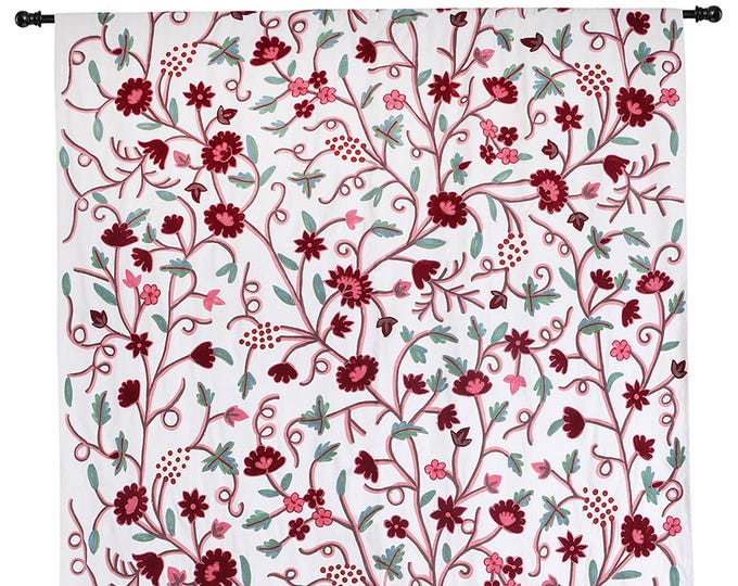 Free Shipping/ Hand-Embroidered Window-Door Curtains- White Blooming Multi-Flower Crewel Embroidered Curtain
