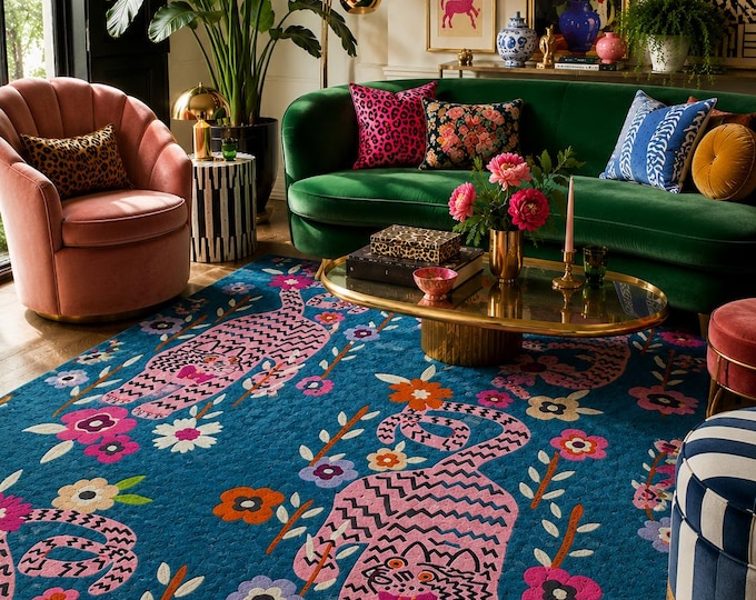 Handmade Tiger Wool Rug: Chain Stitch Embroidered Floral Accent