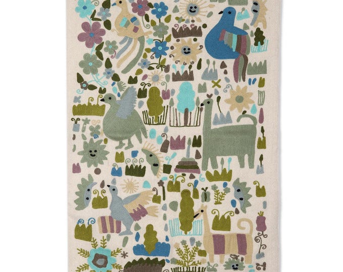 Free Shipping/ Rug Hand Made Hand Embroidered Floor Wall Rug Animal Themed  "Jungle Frolic"