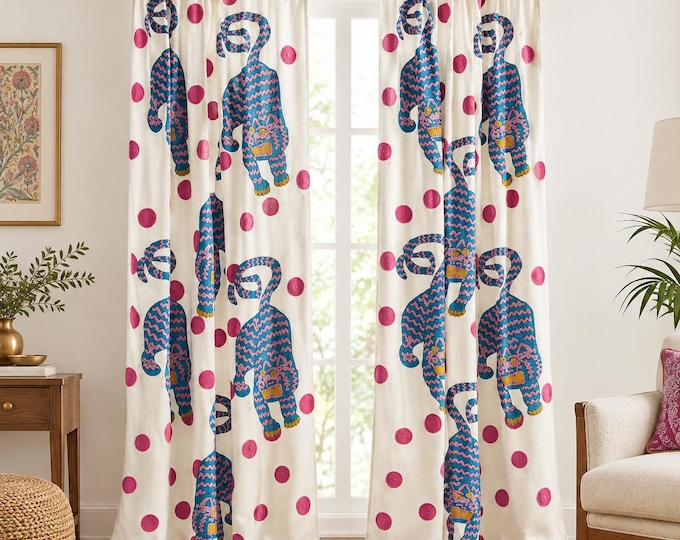 Hand Embroidered Tiger Curtains, Kashmir Crewel Cotton Linen Drapes, Custom Size